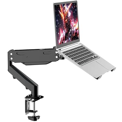 Pholiten 2 in 1 Laptop Desk Mount with Gas Spring Arm, Monitor Laptop Stand for 12-17 Inch Notebook and 13-32 Inch Computer Screen, Holds 22lbs, Full Motion with Vented Tray