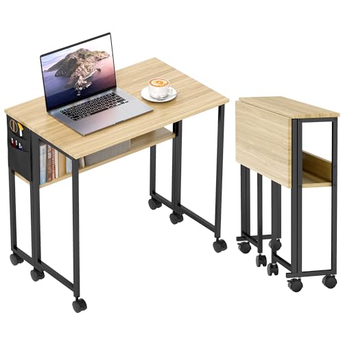 HOMCOM Escritorio Plegable con Ruedas, Mesa de Ordenador 80 x 50 cm con Estante y Bolsa de Almacenamiento, Mesa de Estudio para Oficina en casa, Dormitorio, Espacios pequeños, Roble