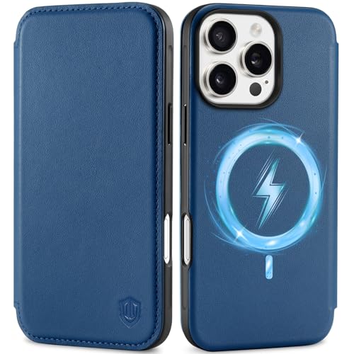 Coque iPhone 16 Pro Max en cuir véritable, étui portefeuille Shieldon de luxe bleu royal