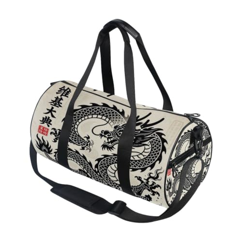 Bolsa de lona unisex para viajes y entrenamientos con estampado de dragón negro
