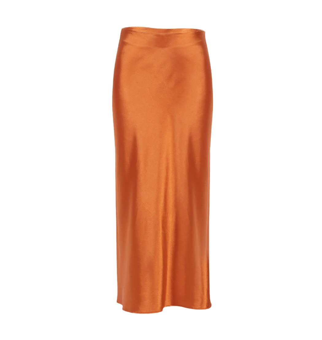 FULBHPRINT Minigonna da ufficio estiva Casual a vita alta in seta gonne lunghe da donna in raso High Street gonne aderenti, Orange, M