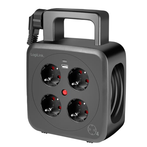 Enrouleur de câble de 5 m avec disjoncteur thermique LogiLink et double chargeur USB-A et USB-C