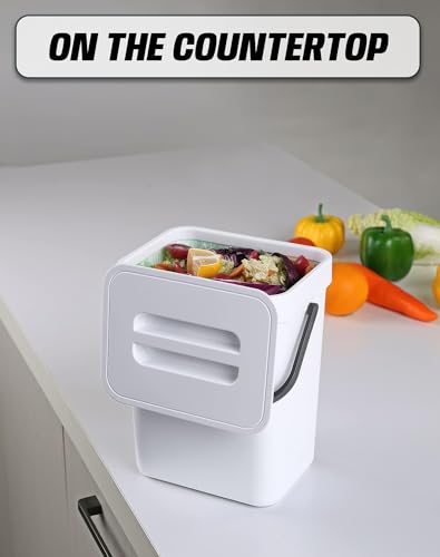MONGTINGLU Indoor Compost Bin - 1.3 Gallons Hanging Small Trash Can with Lid for Kitchen Bathroom, Under Sink Kitchen Trash Can, Indoor Counter Compost Bucket with Lid, 5L(White)