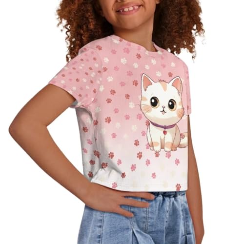 Image of Cat Print Girls Cotton T Shirts Size 7-8 Cute Crop Tops for Toddler Loose Short Sleeve Shirts for Girls Graphic Tees for School Thicken Summer Clothes for Kids Gift for Her, X-Small