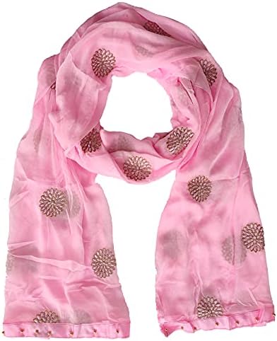 YOUTHQUAKE Golden Floral Embroidery Work Chiffon Dupatta for Womens & Girls with Fancy Moti Lace