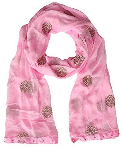 Image of YOUTHQUAKE Golden Floral Embroidery Work Chiffon Dupatta for Womens & Girls with Fancy Moti Lace