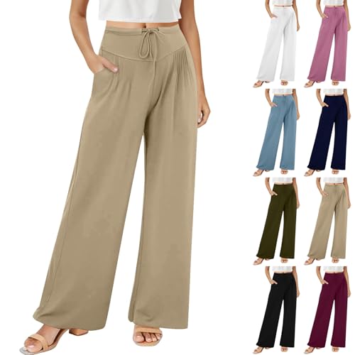 Womens Wide Leg Pants Summer Drawstring High Waisted Lounge Pants Flowy Pleated Palazzo Trousers Pants with Pockets