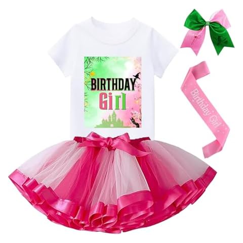 Hewtwerck Birthday Girl Outfit - Shirt,Tutu Skirt Dress,Witch Hair Bow,Satin Sash - Gifts for Girls Birthday Party (Pink, 7Years-8Years) Cover