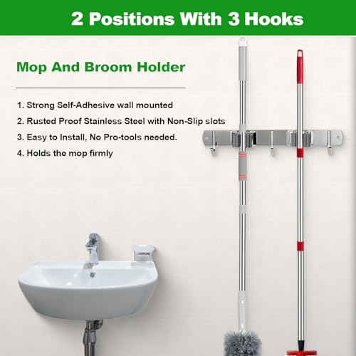 Image of voze 2 Racks and 3 Hooks Mop and Broom Holder Wall Mount, Self Adhesive Heavy Duty Broom Organizer Storage Tool Racks for Kitchen Garden Laundry Garage