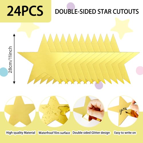 Star Cutouts, 11Inch Gold Star Cutouts, 24Pcs Double Printed Star Cardboard Cutout, Glitter Large Paper Star Decorations for Graduation Classroom Wall Wedding Movie Night Bulletin Board Party Supplies