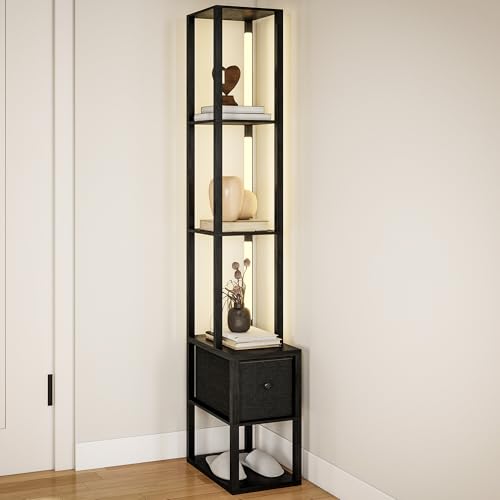 HOMCOM Floor Lamp with Shelves, LED Column Modern Standing Lamp with Fabric Drawer, Adjustable Brightness, Foot Switch for Living Room, Bedroom, Office, Black