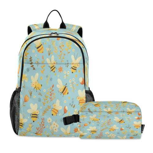 Sac à dos étudiant abeilles mignonnes bleu avec sac d'école léger et durable
