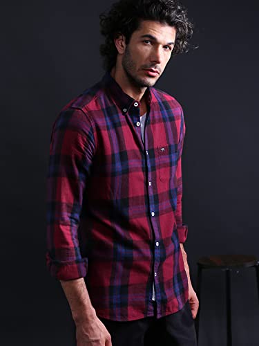Image of THE BEAR HOUSE Men's Cotton Slim Flannel Button-Down Casual Shirt |Maroon |L |TBH-UBER-MR-L |