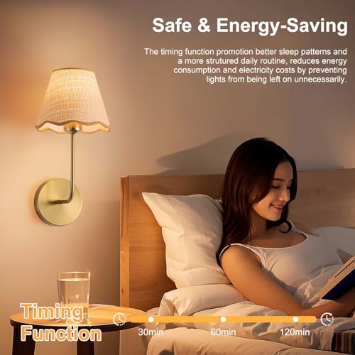Image of ADISUN Battery Operated Wall Sconce Set of 2, Gold Wall Lamps for Living Room, Rechargeable Bulbs, RGB. Rattan Shade Wireless Wall Lights for Bedroom Living Room Hallway Kitchen(Bulbs Included)