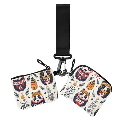 Indian Panda Cartoon Women's Dual Wallets Business Card Cases Slim Portable Business Card Case Money Organizer with Wristlet Strap for Ladies 2 Pcs