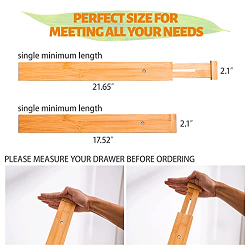 Bamboo Drawer Dividers, Spring Loaded Adjustable Drawer Separators (2.1" High, 17.52"-21.65"), Perfect Expandable Wooden Drawer Dividers for Kitchen, Bedroom, Bathroom, Dresser & Office