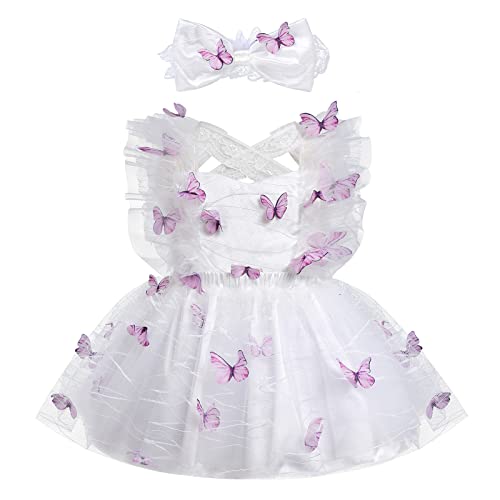 IDOPIP Baby Girls Butterfly Tutu Dress Summer Backless Lace Princess Birthday Party Dresses Toddler Girl Communion Pageant Flower Sundress with Headband Outfit White Butterfly - Lace 6-12 Months