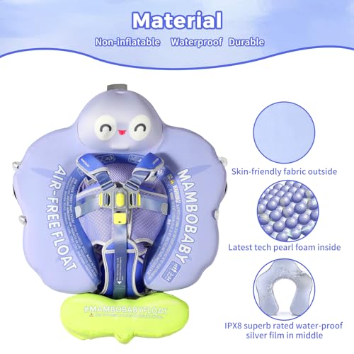 Mambobaby Non-Inflatable Baby Pool Float with Tail and Canopy UPF 50+ Sun Protection No Flip Over Infant Swim Float Skin-Friendly Mambo Float Swim Trainer Solid Baby Swimming Ring
