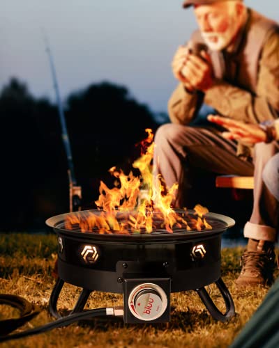 Bluu Deluxe Portable Propane Gas Fire Pit With Auto Ignition For Outdoor Camping- With Grill, Foldable Stand, Trachea Hook, Propane Tank Holder And Cover, 17-Inch Diameter 58,000 Btu, Glossy Black #TOP6