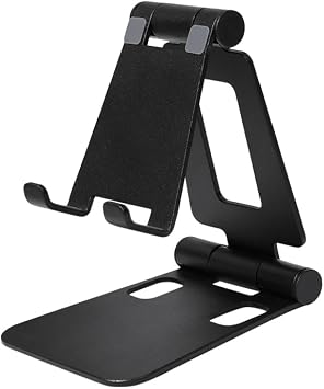 Dual Fold Phone Stand for All Smartphones & Tablets, Adjustable Aluminum Alloy Desktop Holder, Portable Black Cell Phone Dock for Desk, Bed, Car, Home Office