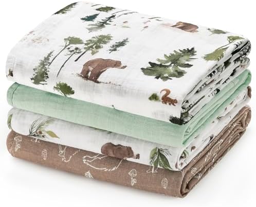 david's kids 4 Pack Baby Muslin Swaddle Blankets, 100% Cotton and Ultra Soft Breathable Receiving Blanket Wrap for Boys Girls, New Born Essentials, Large 47 x 47 inches, Woodland Animals/Green