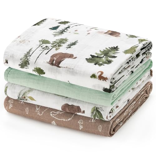 Image of david's kids 4 Pack Baby Muslin Swaddle Blankets, 100% Cotton and Ultra Soft Breathable Receiving Blanket Wrap for Boys Girls, New Born Essentials, Large 47 x 47 inches, Woodland Animals/Green