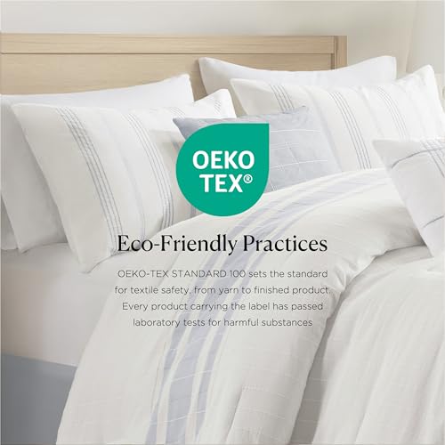 Harbor House King Comforter Set, Stripes Clipped Jacquard, Soft Cotton Oversized Comforter for a King-Size Bed, Farmhouse Bedding, 2 Shams, Bedskirt, 2 Décor Pillows, Morgan, King White/Blue by Harbor House - Image 4