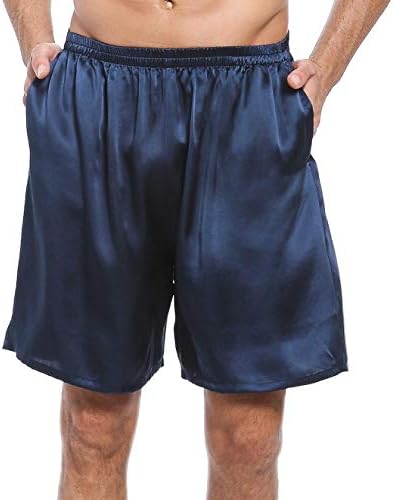 LEPTON 19mm Mulberry Silk Shorts for Men, Silk Boxers Sleepwear, Relaxed Fitness Wear, Front Pockets, Elastic Waist (Navy Blue, L)