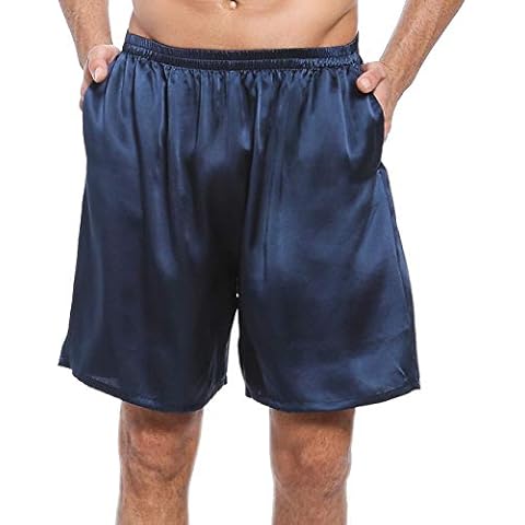 LEPTON 100% Mulberry Silk Shorts for Men, Silk Boxers Sleepwear, Relaxed Fitness Wear, Front Pockets, Elastic Waist (Navy Blue, XXL) Cover