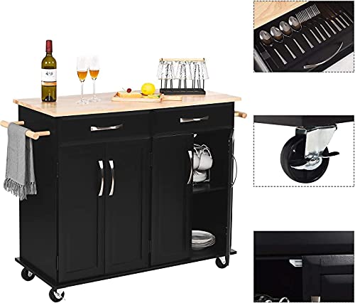 Kitchen Island with Storage Drawers, Rolling Kitchen Island on Wheels, Island for Kitchen with Wooden Countertop, Tower Rack, Lockable Wheels, 48.2 L x 18.5 W x 35.4 H, Black