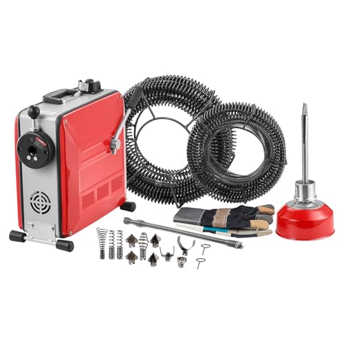 VEVOR Elektrische Rohrreinigungsmaschine, 850W Abflussreiniger, 14,5m x 16mm, 14m x 22mm & 5m x 9,5mm Federkabel, 0,4m x 12mm flexible Feder & 11 Schneidern, für Rohre mit 50–200mm Durchmesser