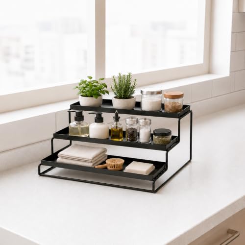 Image of WonderStand Metal TRIZEN | 3-Step Kitchen Countertop Spice Rack Container Utensil Holder Organizer (Black)