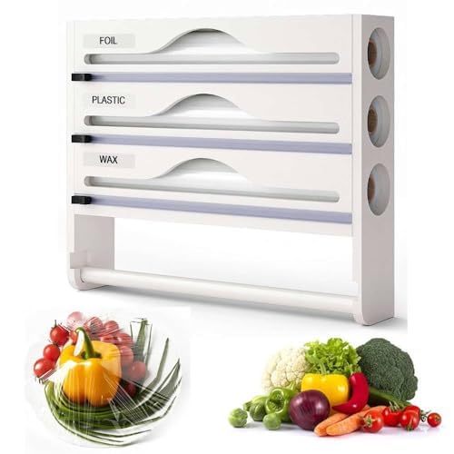 Dispenser 5 in 1 per fogli e pellicola trasparente con taglierina, organizer da parete in bambù per rotoli da 30,5 cm, soluzione di archiviazione da cucina per involucri