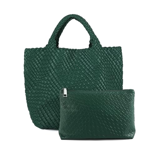 Image of Women's Vegan Leather Tote Bag - Handmade Woven Beach Bag, Travel Handbag with Purse & Top Handle Hobo Tote(Dark Green)