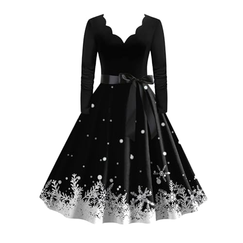 Weihnachtskleid Damen Weihnachten Kleid Elegant Langarm Vintage Rockabilly Cocktailkleid Weihnachts Druck Kleider Damen Festlich Partykleid A-Linie...