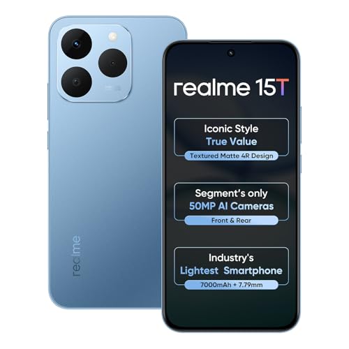 Image of realme 15T 5G Smartphone 8+128GB Silk Blue 6.67inch Screen, 120Hz Display,7000mAh Battery,60W Fast Charge,Front & Rear Dual 50MP Cameras, Dimensity 6400 Max 5G Chipset,IP69