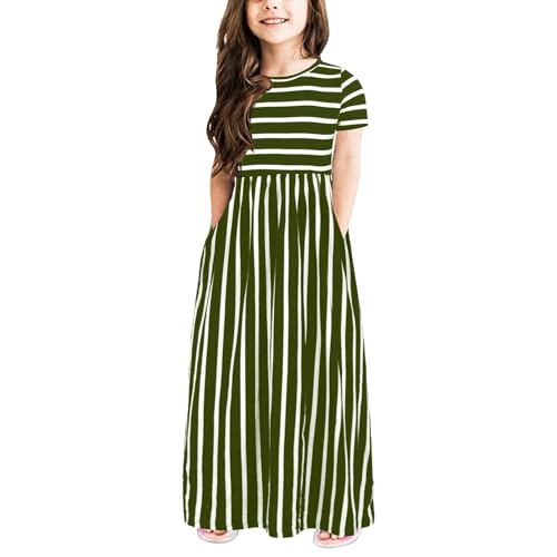 Cute Kids Girls Short Sleeve Stripe Dress Summer Casual Loose Dresses Holiday Long Maxi Dress with Pockets (Green, 3-4 Years)2
