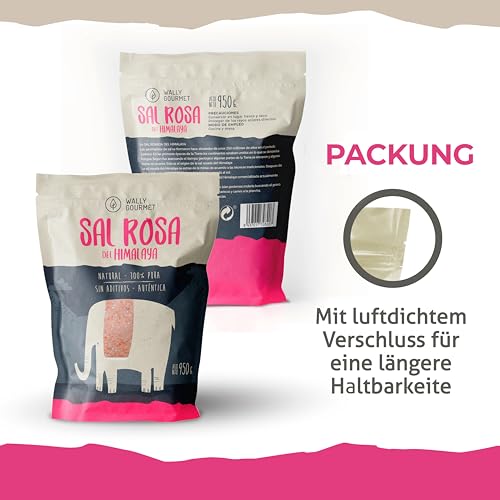 Rosa Kristallsalz aus dem Himalaya FEIN. 100% veganes Speisesalz, reines Steinsalz, unbehandeltes Natursalz, ohne Zusatzstoffe, unraffiniert. Pakistanisches Salzgebirge. Herkunft: Pakistan 950Gr