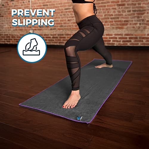 Youphoria Yoga Towel Microfiber Non Slip Yoga Mat Towel 24 X 72, Gray Towel/Purple Stitching #TOP3