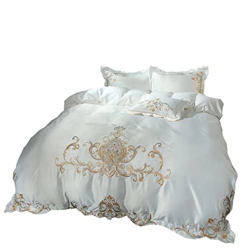 NW Funda Nordica Cama 135,European Style Satin Jacquard Four-Piece Bedding Set 60s Silk Cotton Duvet Cover Bed Linen Fitted Sheet Pillowcases,1,220 * 240 Cm (4 Piezas)