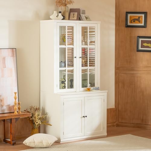 Virubi 75\'\' Tall China Hutch Cabinet with Glass Doors, Kitchen Pantry Storage with Adjustable Shelves, Coffee Bar Hutch for Kitchen Living Room Bar, White