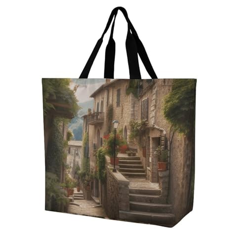 Rrtsmsgh Large Tote Bag for Women - Reusable Grocery Bags Heavy Duty Polyester Tote with Sturdy Handles, Large Capacity Italy Tuscan Travel Bag Fashion Shoulder Bags for Gym Travel Work