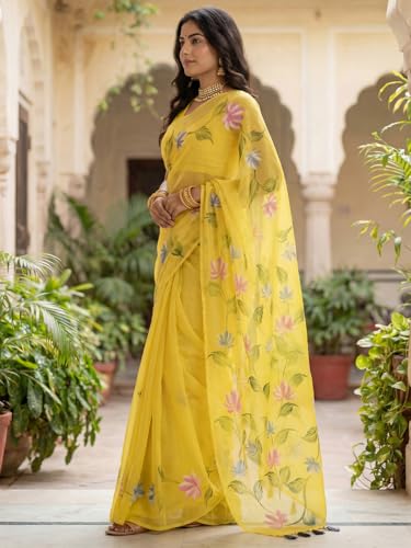 Image of AKHILAM Women's Cotton Saree with White Daisy Floral Prints Tassel Pallu Lightweight Summer Saree