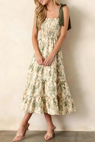 Image of Women Y2k Floral Smocked Maxi Dress Bow Tie Shoulder Tiered Ruffle Midi Sun Dress Boho Casual Beach Long Dresses