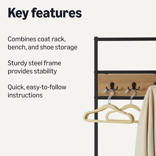 Amazon Basics Entry Bench with Hooks, Hall Tree with Shoe Storage, Steel Frame, Oak Finish view 2