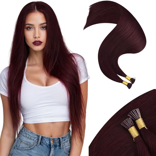 Image of Moresoo I Tip Hair Extensions Human Hair Dark Red, 20 Inch | 40G 50 Strands, Long Straight, Adds Length and Volume, for Festival and Fashion Looks