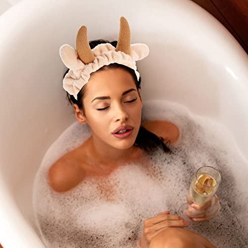 minkissy 2Pcs Ear Horn Headband Animal Makeup Face Wash Hair Band Coral Fleece Facial Headpieces for Women Kids - Image 3