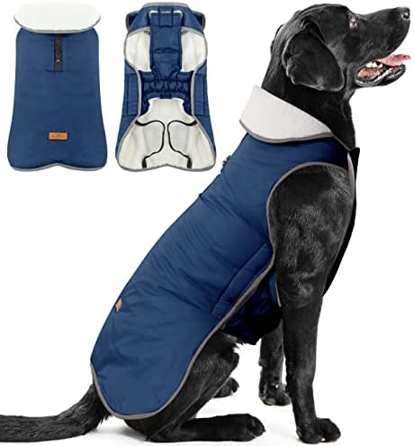 ALAGIRLS Reflective Dog Coat with Harness, Waterproof Dog Jacket Fleece Dog Coats, XXXL Dog Jacket for Extra Large Dogs, Cold Weather Labrador Waterproof Dog Coats, Navy XXXL
