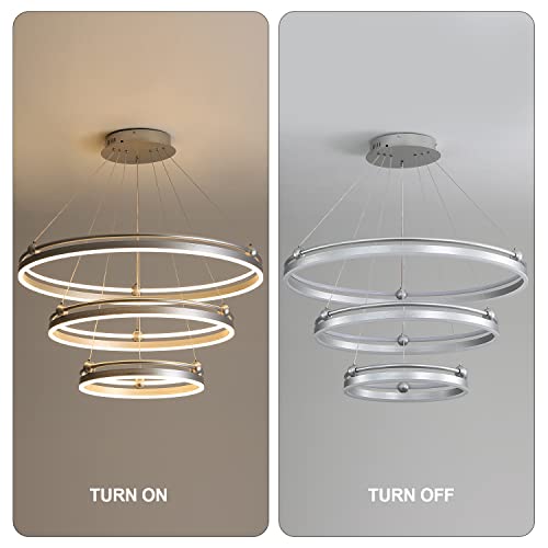 3-Rings D31.5’’ Modern Led Chandelier Silver Dimmable Pendant Lighting With Remote Control Circular Flush Mount High Ceiling Light For Living Dining Room Bedroom Foyer, 3000K-6500K Cct Changing #TOP7