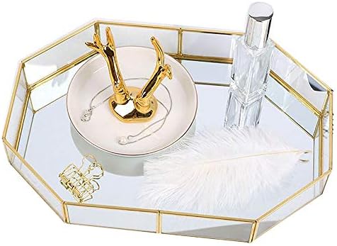 Mirror Gold Tray,Large Perfume Glass Tray Metal Makeup Decorative Tray Rectangle Mirrored Jewelry Tray Organizer for Vanity,Bathroom,Dressing Table(Polygon(Large))
